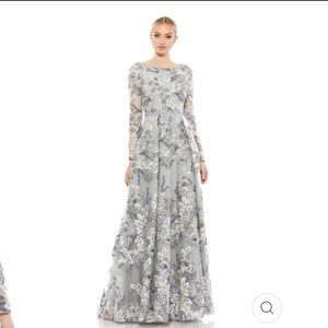 Mac Duggal Silver Floral Embellished Illusion Long Sleeve A Line Gown Size 10